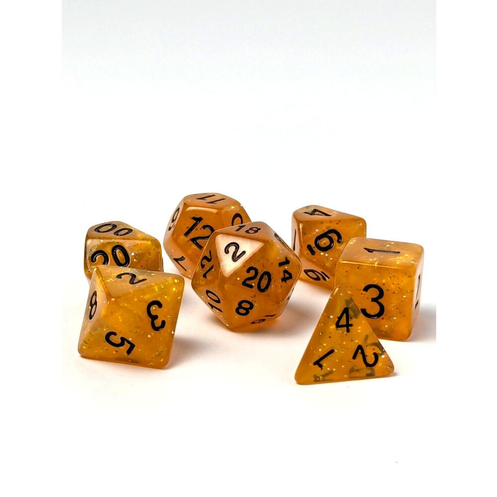 Amber Orange Glitter Polyhedral RPG Dice Set D&D TTRPG Gaming